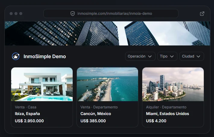 Portal de ejemplo de una inmobiliaria con propiedades en Ibiza, Cancún y Miami